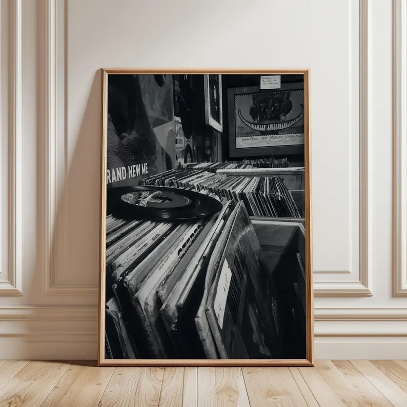 Home Decor White - Современный магазин виниловых пластинок, черно-белая фотография,